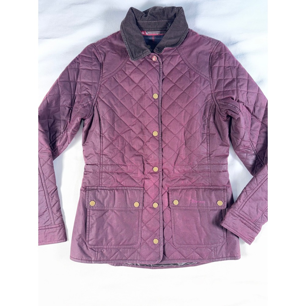 Barbour Lightweight 4oz Waxed Quilted‎ Jacket Plum Purple Tartan Lining US 4